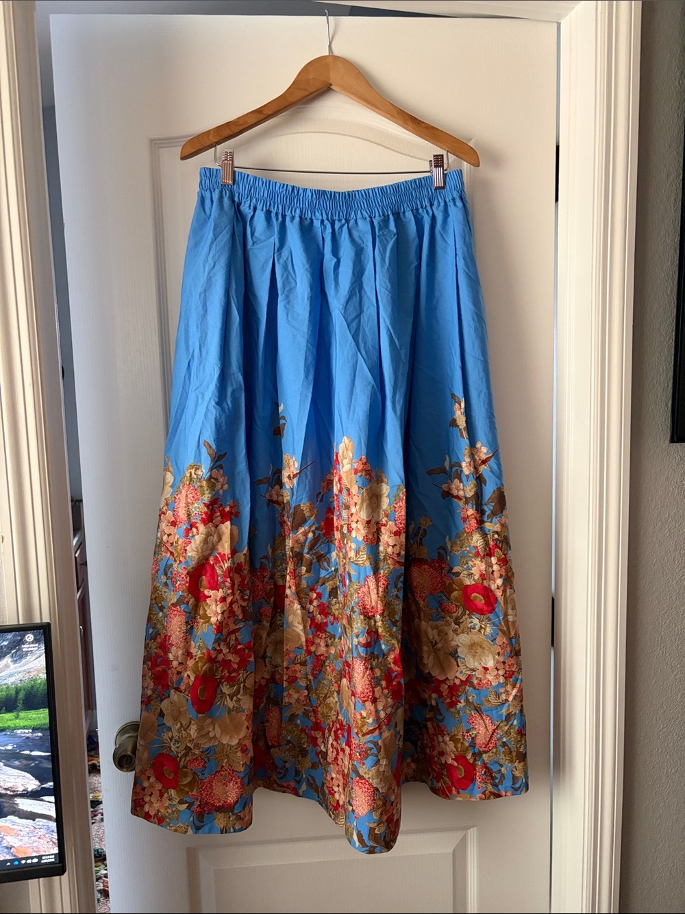 NWT Anthropologie Maeve Cotton Blue Floral A-Line Maxi Skirt.Sz M